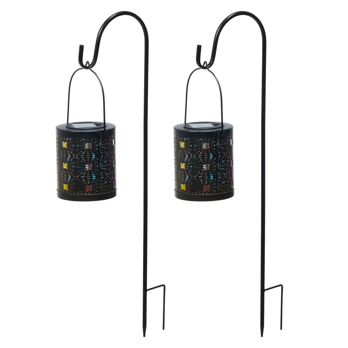 Set of 2 Metal Cutout Pattern Solar Powered Lantern with LED Light, Laser Plate and Stake Hook (KD)