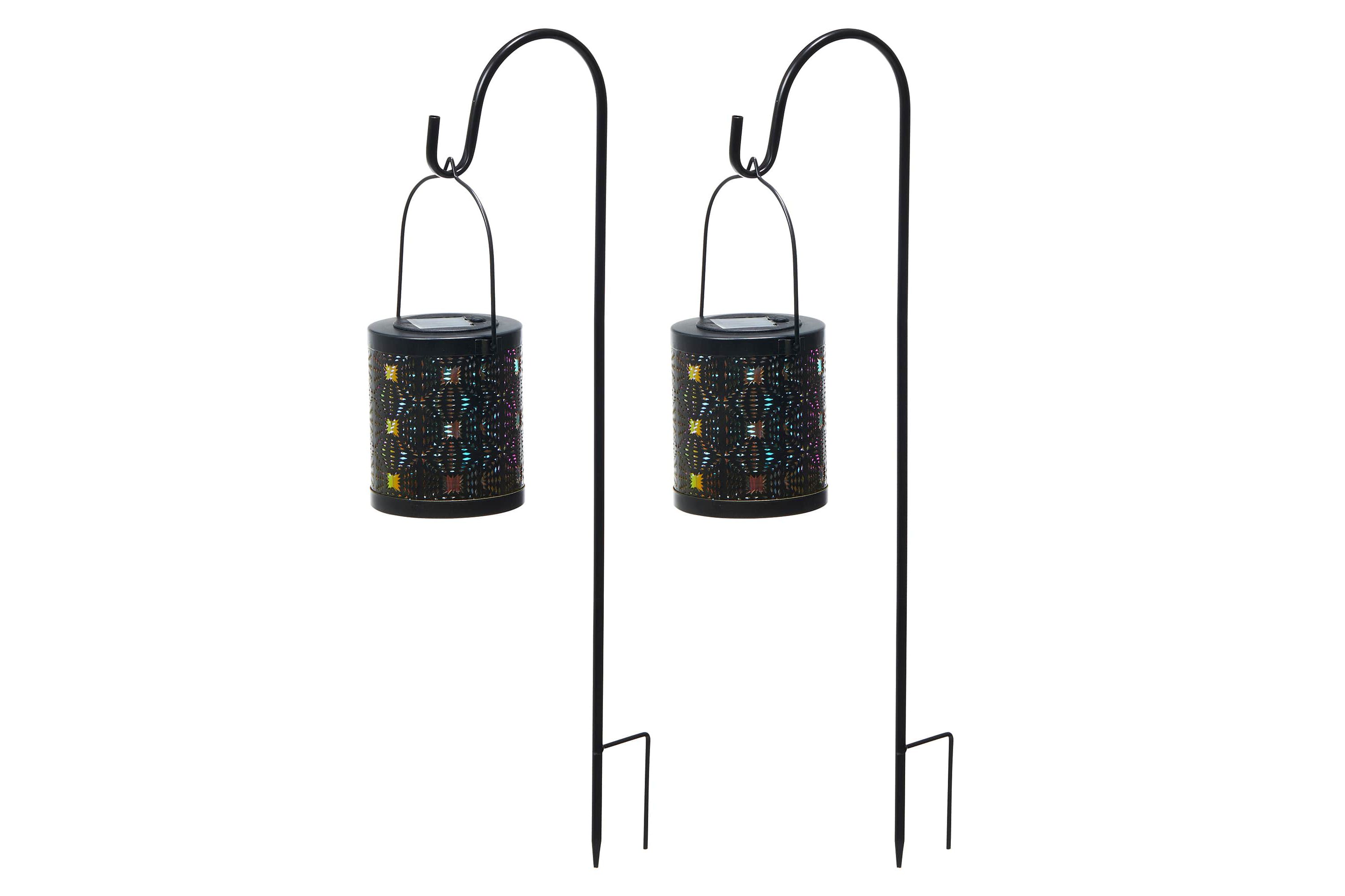 Set of 2 Metal Cutout Pattern Solar Powered Lantern with LED Light, Laser Plate and Stake Hook (KD)