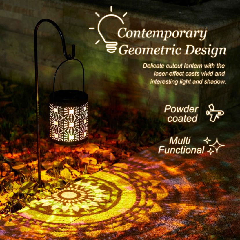 Set of 2 Metal Cutout Pattern Solar Powered Lantern with LED Light, Laser Plate and Stake Hook (KD)