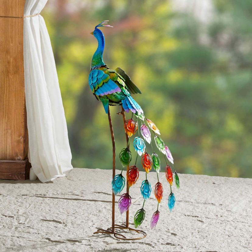 32"H Metal Standing Peacock  Garden Statue  with Stakes (KD)Metal Thickness: 0.3mm