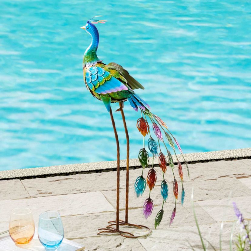 32"H Metal Standing Peacock  Garden Statue  with Stakes (KD)Metal Thickness: 0.3mm
