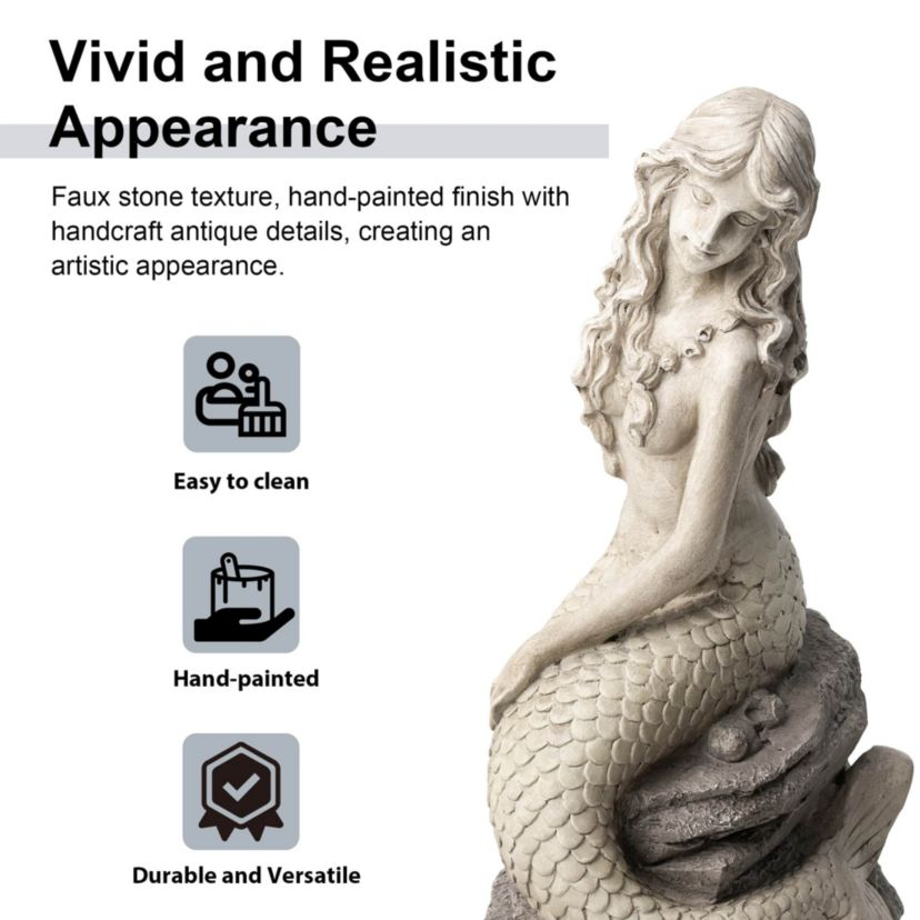 20"H MGO Concrete Finish Mermaid Garden Statue