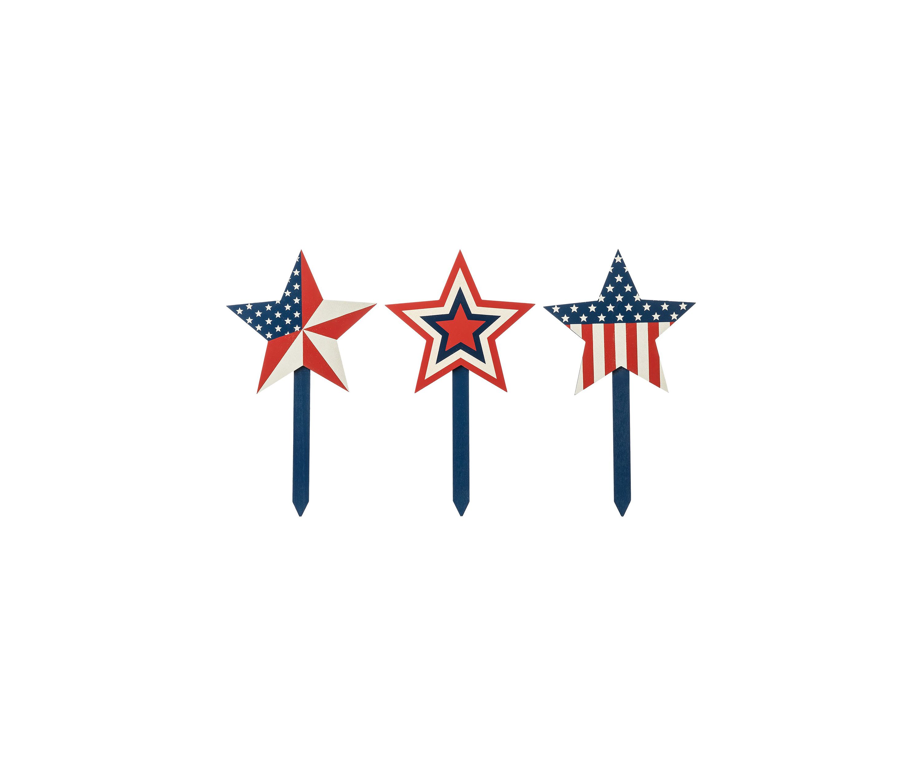 Set of 3 Wooden Americana Star Yard Stake