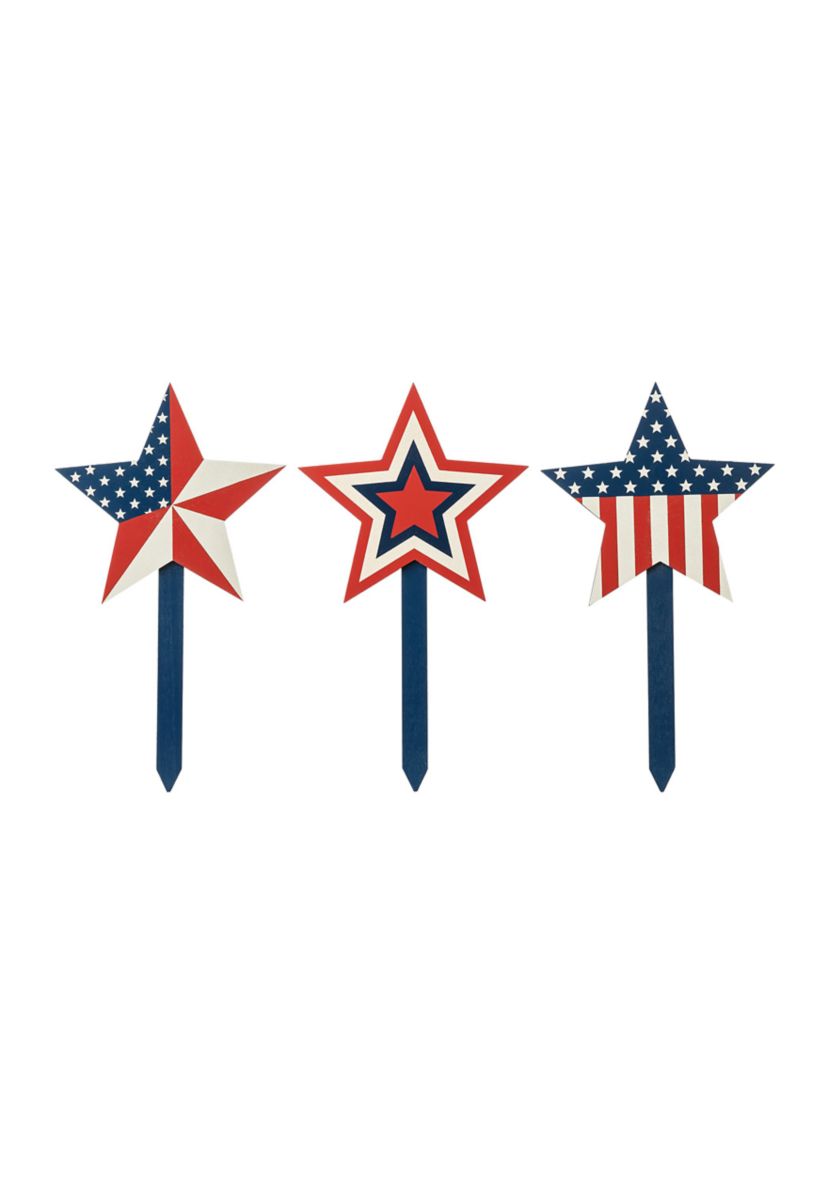 Set of 3 Wooden Americana Star Yard Stake