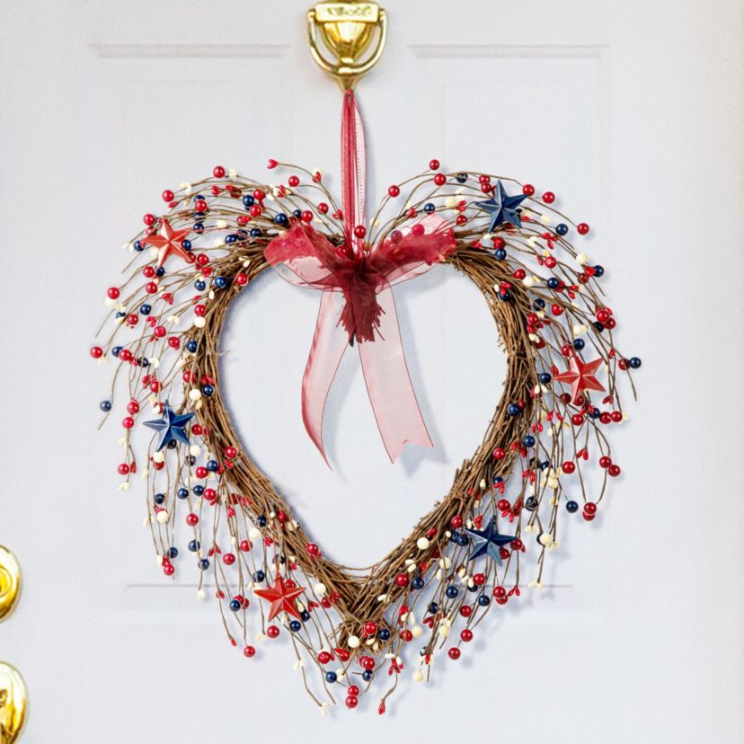 17"H Patriotic/Americana Berry Heart Wreath