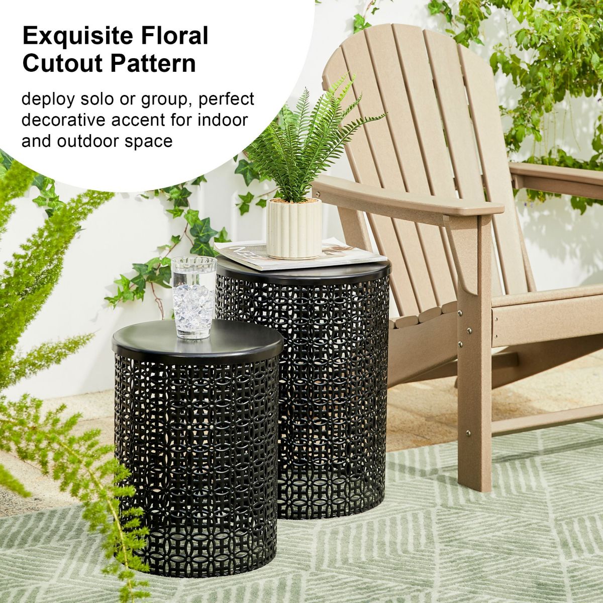 Set of 2 Multi-functional Metal Black garden Stool or Planter Stand or Accent Table or Side TableL: 14.5"D*19.25"HS: 12.5"D*16.5"H