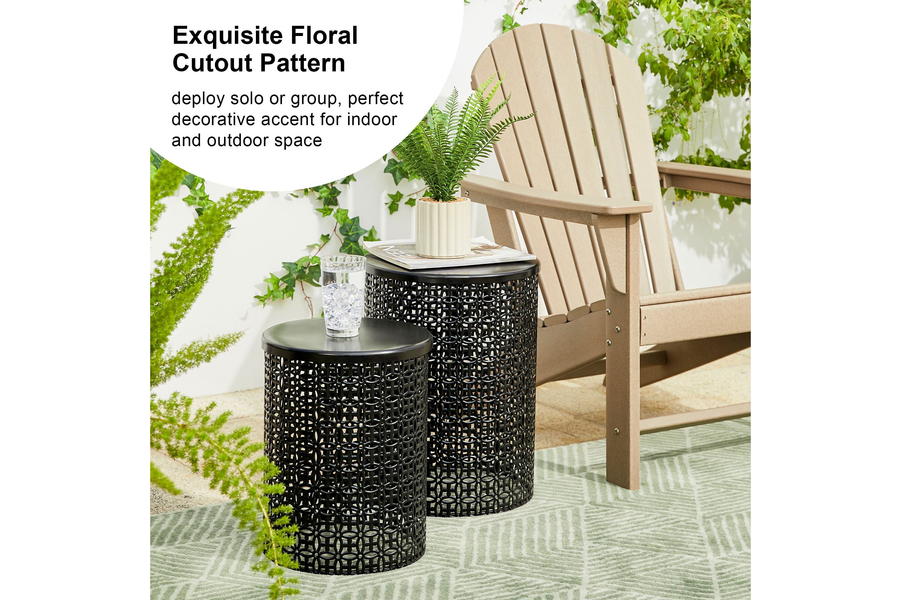 Set of 2 Multi-functional Metal Black garden Stool or Planter Stand or Accent Table or Side TableL: 14.5"D*19.25"HS: 12.5"D*16.5"H