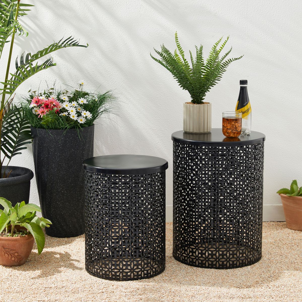 Set of 2 Multi-functional Metal Black garden Stool or Planter Stand or Accent Table or Side TableL: 14.5"D*19.25"HS: 12.5"D*16.5"H