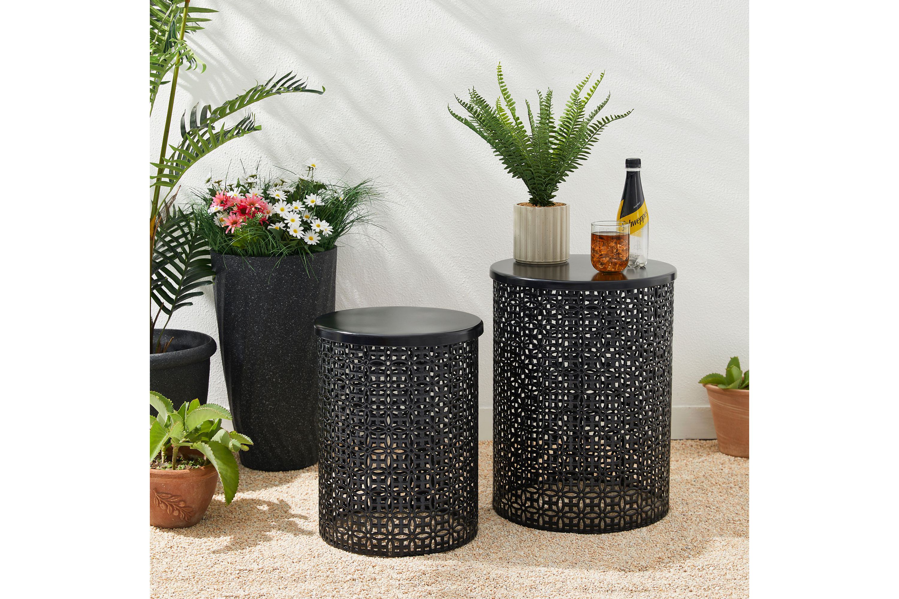 Set of 2 Multi-functional Metal Black garden Stool or Planter Stand or Accent Table or Side TableL: 14.5"D*19.25"HS: 12.5"D*16.5"H