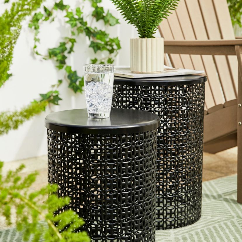 Set of 2 Multi-functional Metal Black garden Stool or Planter Stand or Accent Table or Side TableL: 14.5"D*19.25"HS: 12.5"D*16.5"H