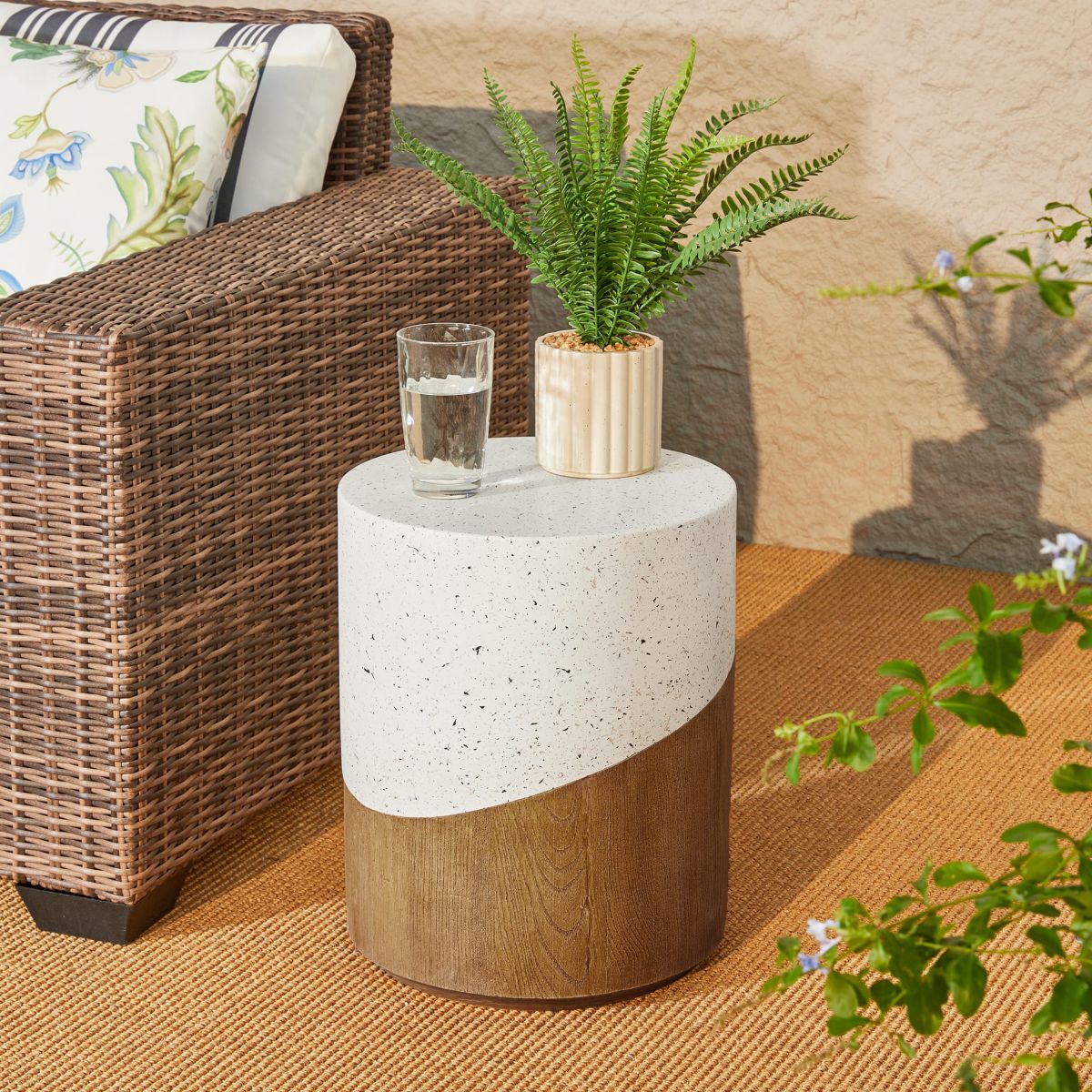 17.25"H Multi-functional MGO Faux Terrazzo and Wood Texture Garden Stool or Plant Stand or Accent Table