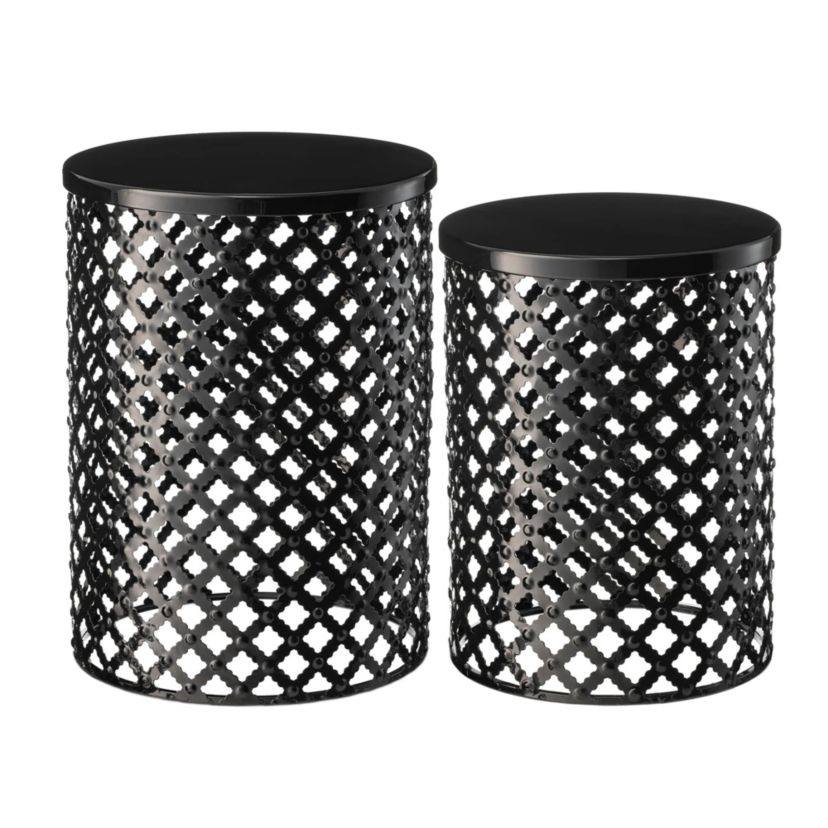 Set of 2 Multi-functional Metal Black Garden Stool or Planter Stand or Accent Table or Side TableL: 14.5"D*19.25"HS: 12.5"D*16.5"HMetal Thickness: 0.5mm