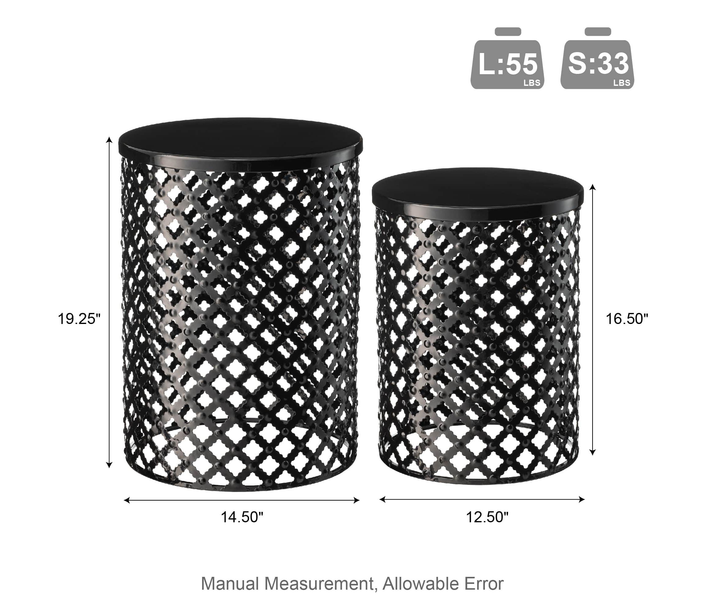 Set of 2 Multi-functional Metal Black Garden Stool or Planter Stand or Accent Table or Side TableL: 14.5"D*19.25"HS: 12.5"D*16.5"HMetal Thickness: 0.5mm