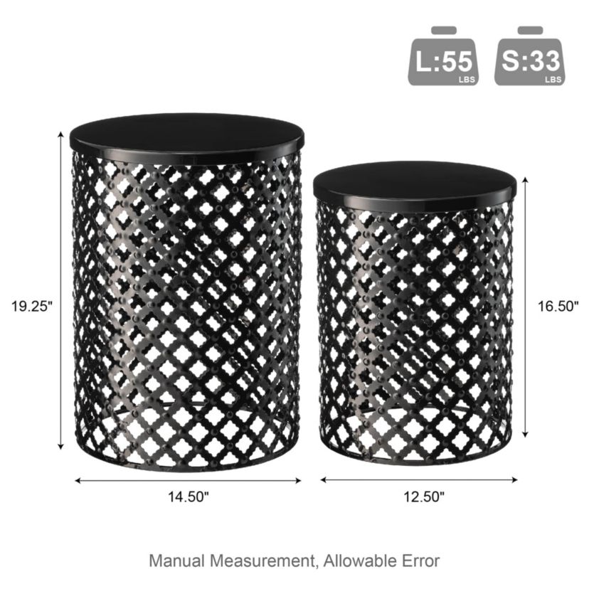 Set of 2 Multi-functional Metal Black Garden Stool or Planter Stand or Accent Table or Side TableL: 14.5"D*19.25"HS: 12.5"D*16.5"HMetal Thickness: 0.5mm