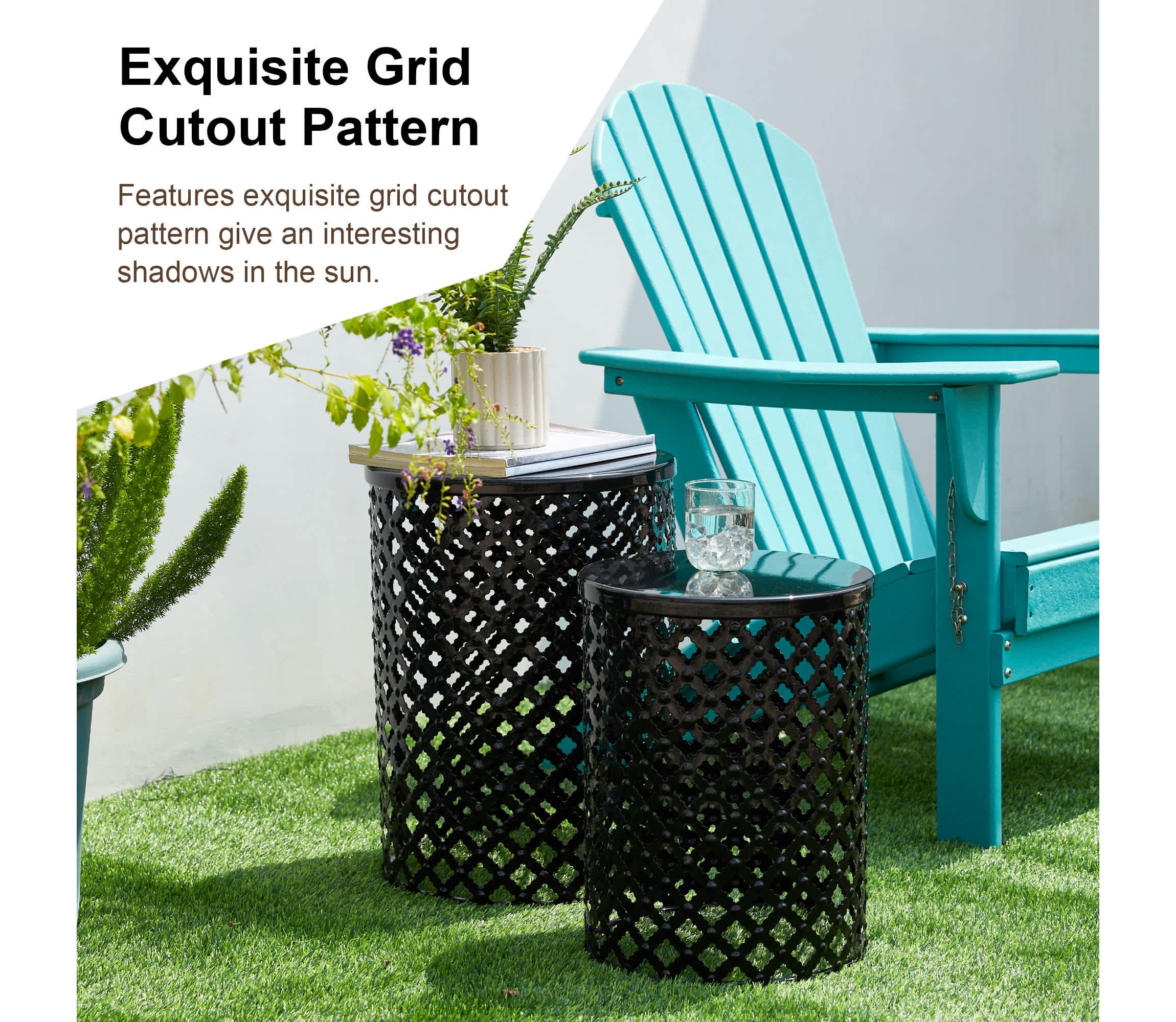 Set of 2 Multi-functional Metal Black Garden Stool or Planter Stand or Accent Table or Side TableL: 14.5"D*19.25"HS: 12.5"D*16.5"HMetal Thickness: 0.5mm