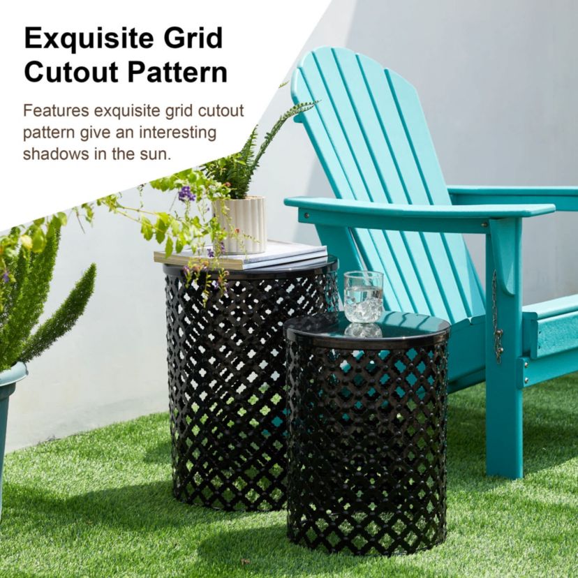 Set of 2 Multi-functional Metal Black Garden Stool or Planter Stand or Accent Table or Side TableL: 14.5"D*19.25"HS: 12.5"D*16.5"HMetal Thickness: 0.5mm