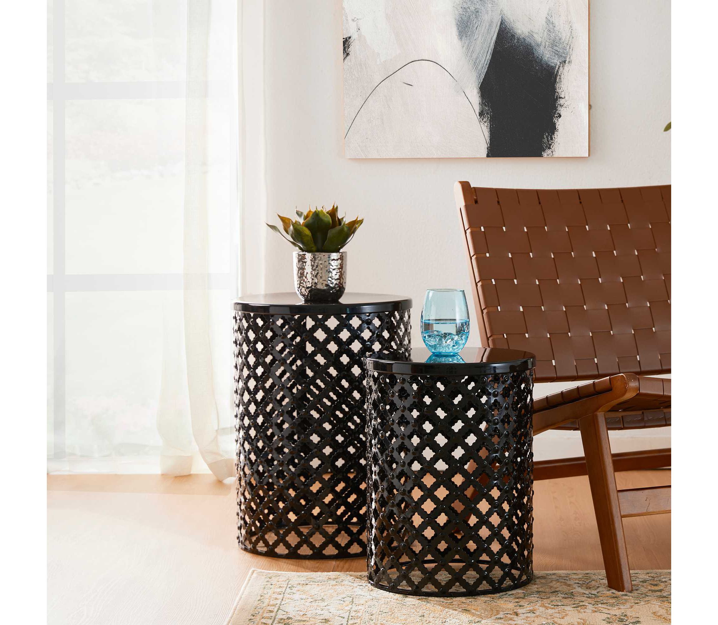 Set of 2 Multi-functional Metal Black Garden Stool or Planter Stand or Accent Table or Side TableL: 14.5"D*19.25"HS: 12.5"D*16.5"HMetal Thickness: 0.5mm