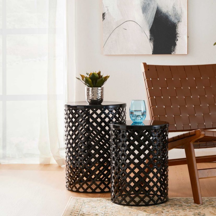 Set of 2 Multi-functional Metal Black Garden Stool or Planter Stand or Accent Table or Side TableL: 14.5"D*19.25"HS: 12.5"D*16.5"HMetal Thickness: 0.5mm