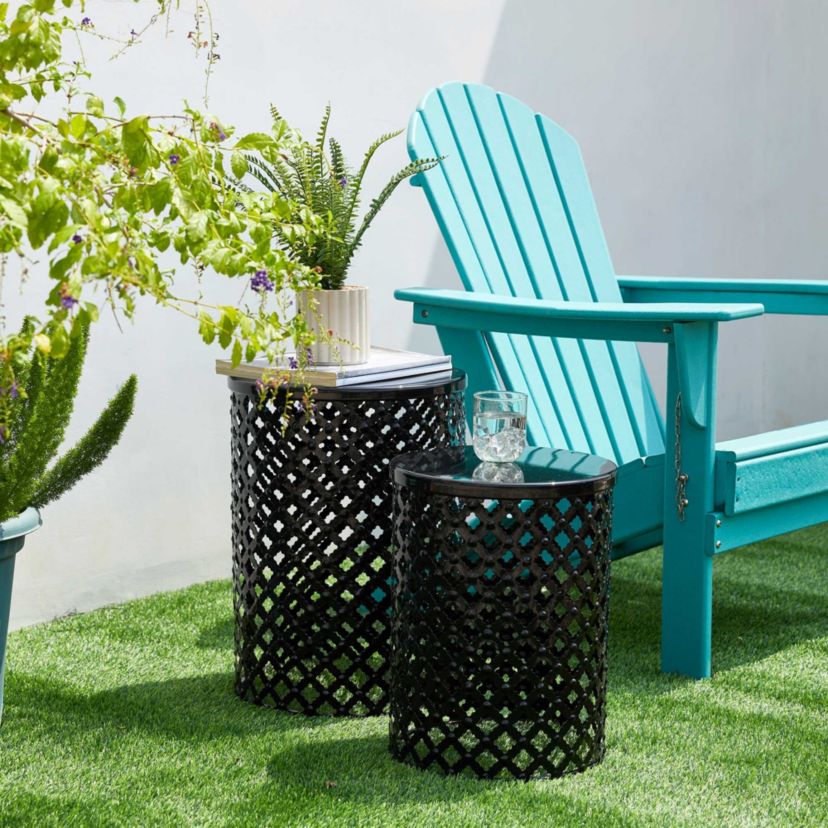Set of 2 Multi-functional Metal Black Garden Stool or Planter Stand or Accent Table or Side TableL: 14.5"D*19.25"HS: 12.5"D*16.5"HMetal Thickness: 0.5mm