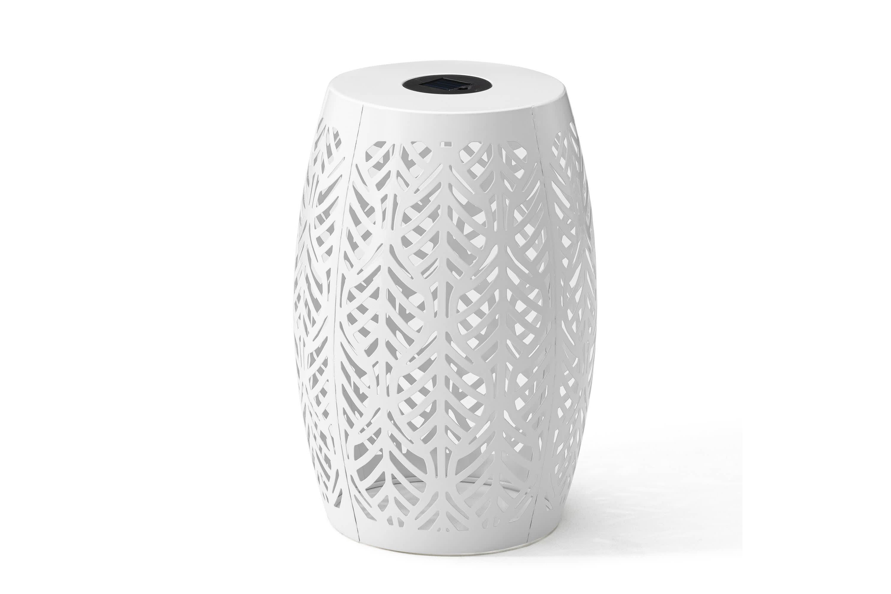 18.25"H Multi-Functional White Iron Cutout Leaf Pattern Drum Silhouette Solar Powdered Garden Stool or Planter Stand or Accent Table or LanternMetal Thickness: 0.7mm