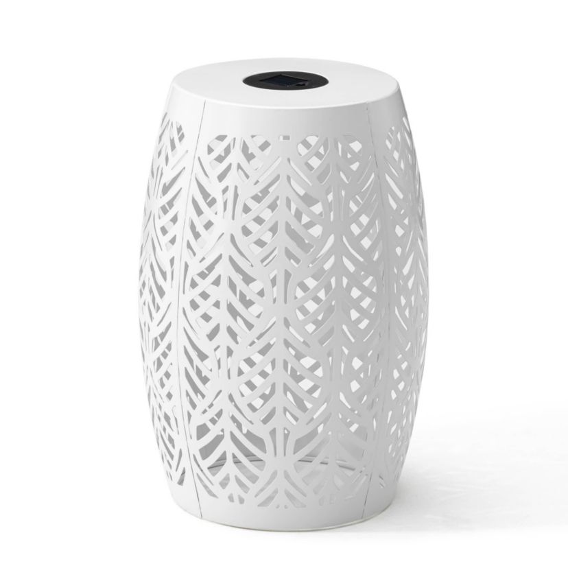 18.25"H Multi-Functional White Iron Cutout Leaf Pattern Drum Silhouette Solar Powdered Garden Stool or Planter Stand or Accent Table or LanternMetal Thickness: 0.7mm