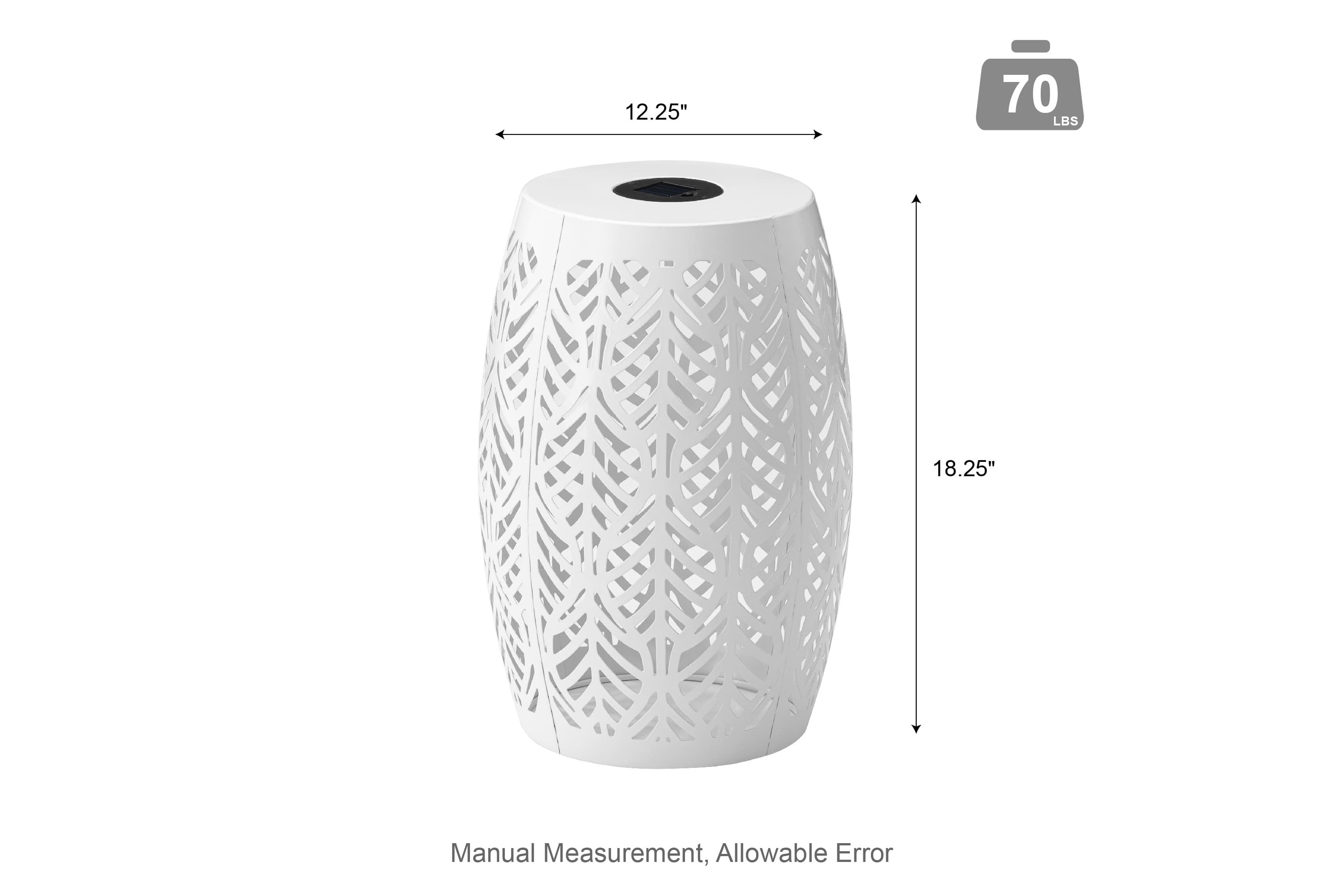 18.25"H Multi-Functional White Iron Cutout Leaf Pattern Drum Silhouette Solar Powdered Garden Stool or Planter Stand or Accent Table or LanternMetal Thickness: 0.7mm