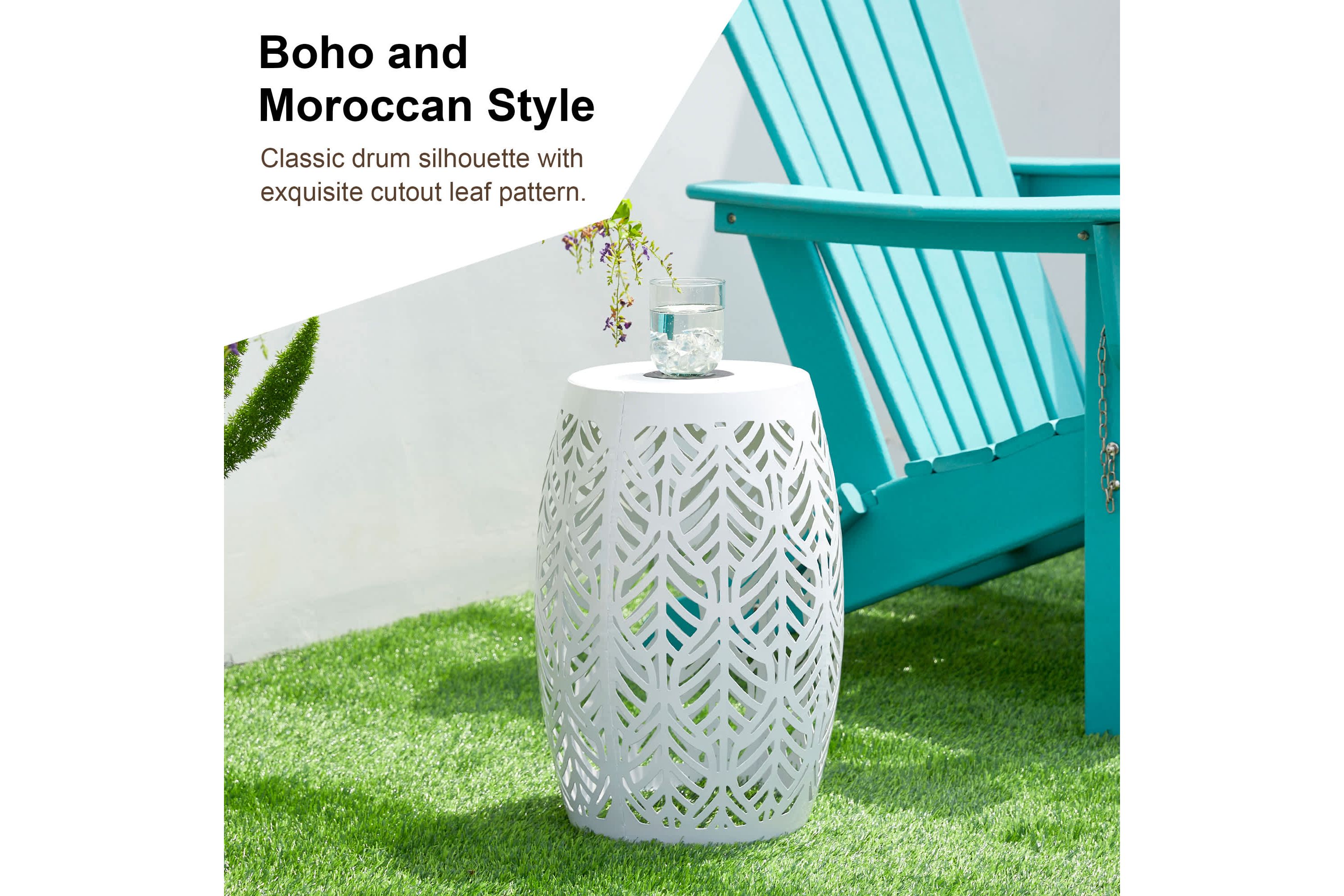 18.25"H Multi-Functional White Iron Cutout Leaf Pattern Drum Silhouette Solar Powdered Garden Stool or Planter Stand or Accent Table or LanternMetal Thickness: 0.7mm