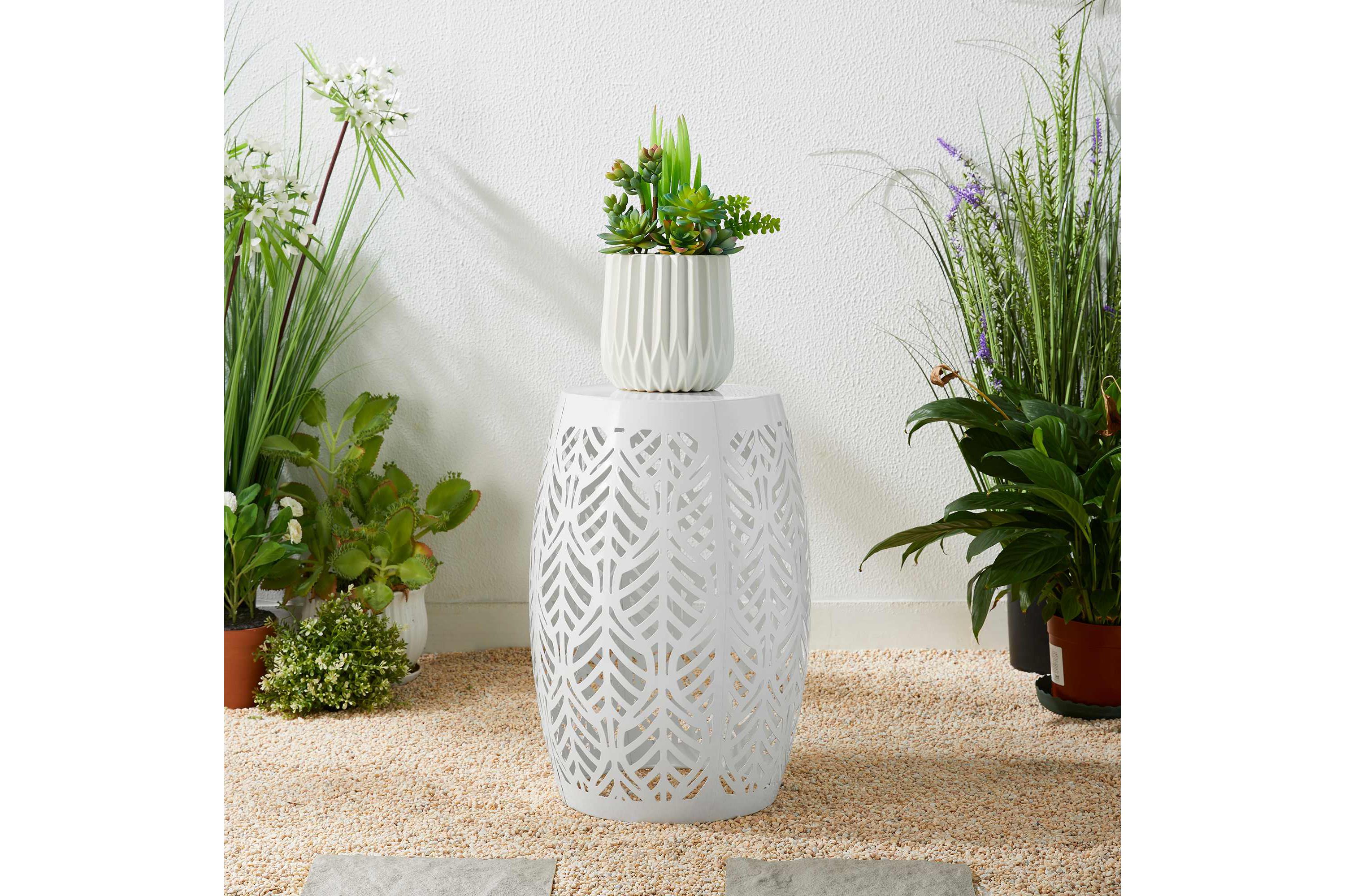 18.25"H Multi-Functional White Iron Cutout Leaf Pattern Drum Silhouette Solar Powdered Garden Stool or Planter Stand or Accent Table or LanternMetal Thickness: 0.7mm