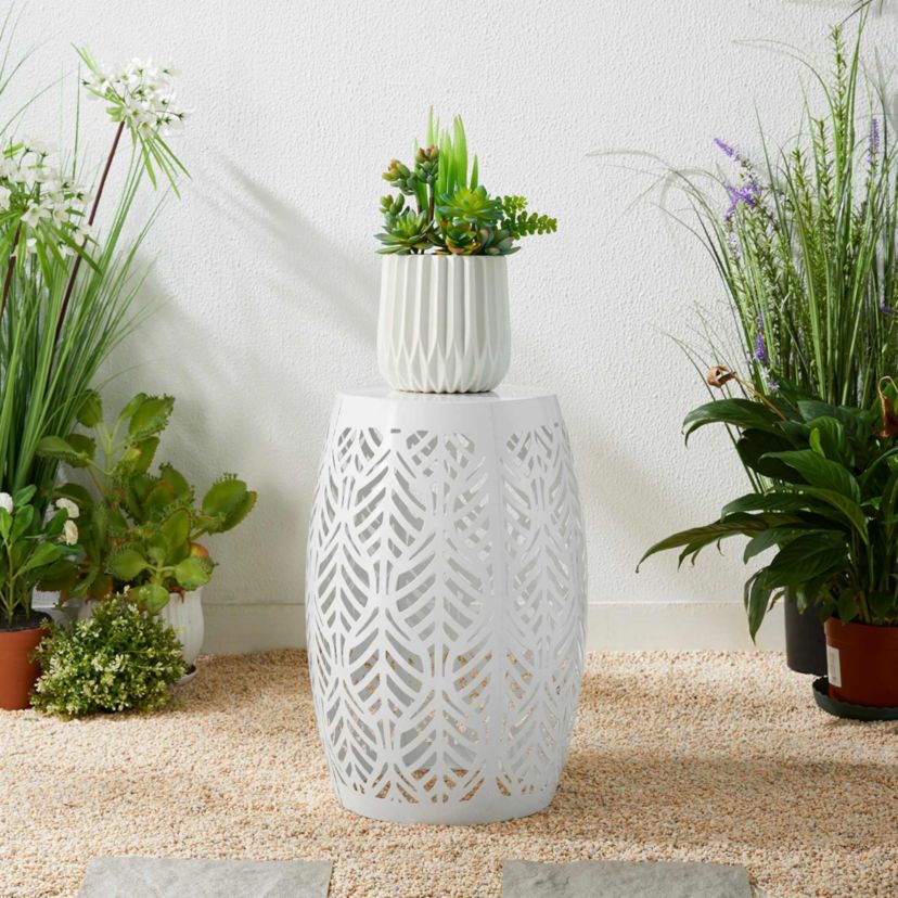18.25"H Multi-Functional White Iron Cutout Leaf Pattern Drum Silhouette Solar Powdered Garden Stool or Planter Stand or Accent Table or LanternMetal Thickness: 0.7mm