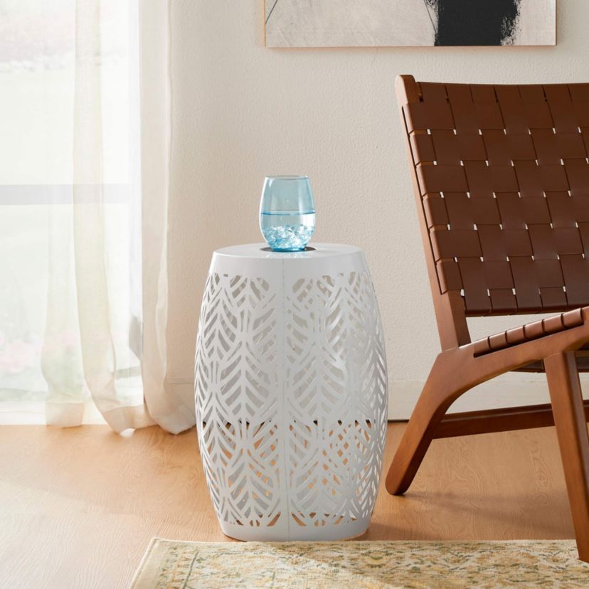18.25"H Multi-Functional White Iron Cutout Leaf Pattern Drum Silhouette Solar Powdered Garden Stool or Planter Stand or Accent Table or LanternMetal Thickness: 0.7mm