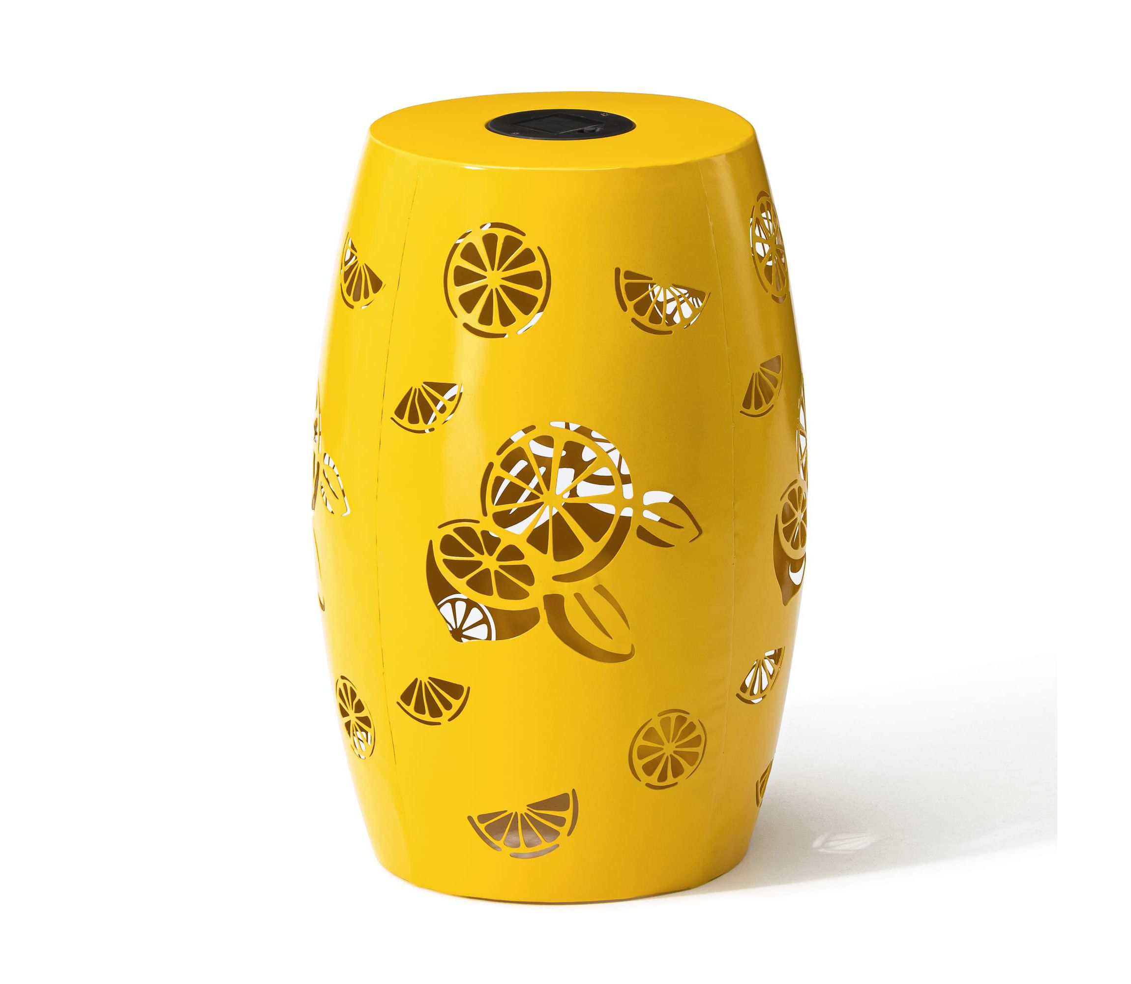 18.5" Multi-Functional Yellow Iron Cutout Lemon Pattern Drum Silhouette Solar Powdered Garden Stool or Planter Stand or Accent Table or LanternMetal Thickness: 0.7mm
