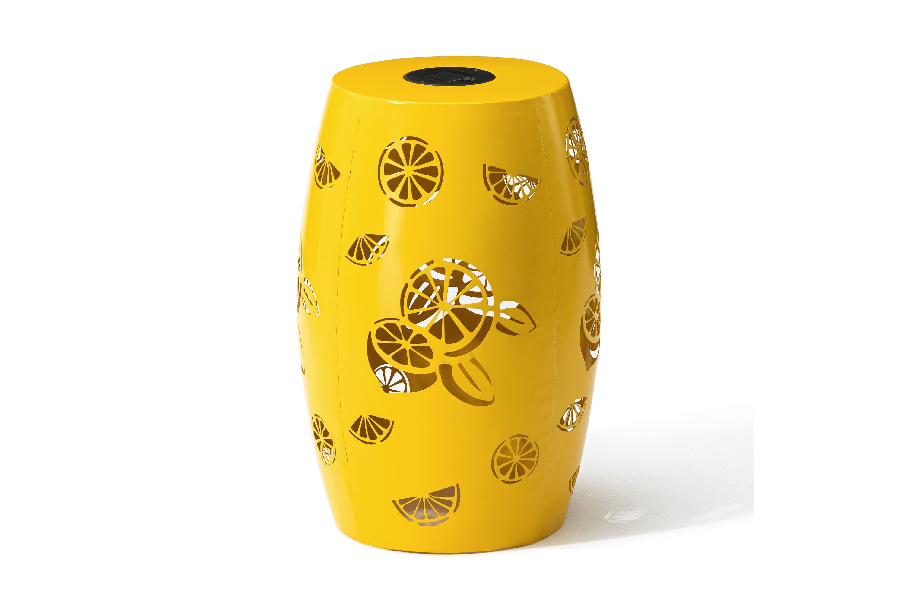 18.5" Multi-Functional Yellow Iron Cutout Lemon Pattern Drum Silhouette Solar Powdered Garden Stool or Planter Stand or Accent Table or LanternMetal Thickness: 0.7mm