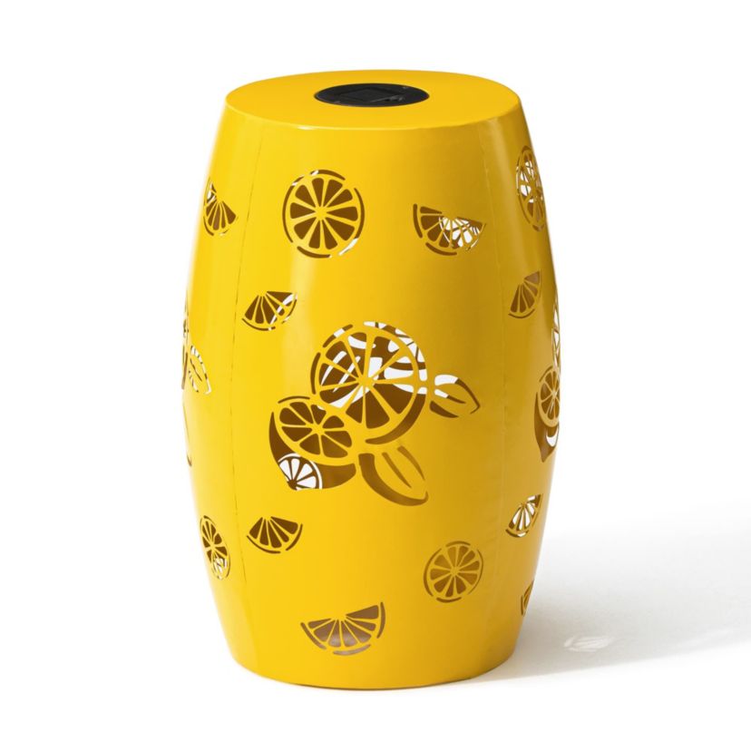 18.5" Multi-Functional Yellow Iron Cutout Lemon Pattern Drum Silhouette Solar Powdered Garden Stool or Planter Stand or Accent Table or LanternMetal Thickness: 0.7mm