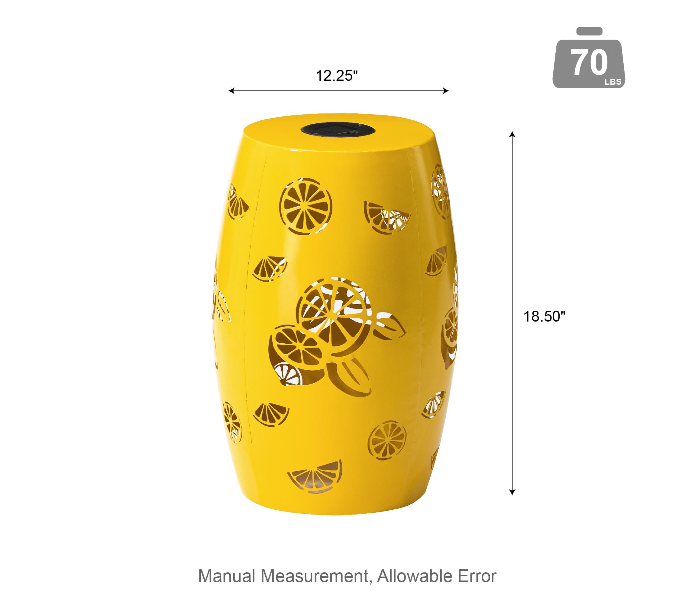 18.5" Multi-Functional Yellow Iron Cutout Lemon Pattern Drum Silhouette Solar Powdered Garden Stool or Planter Stand or Accent Table or LanternMetal Thickness: 0.7mm