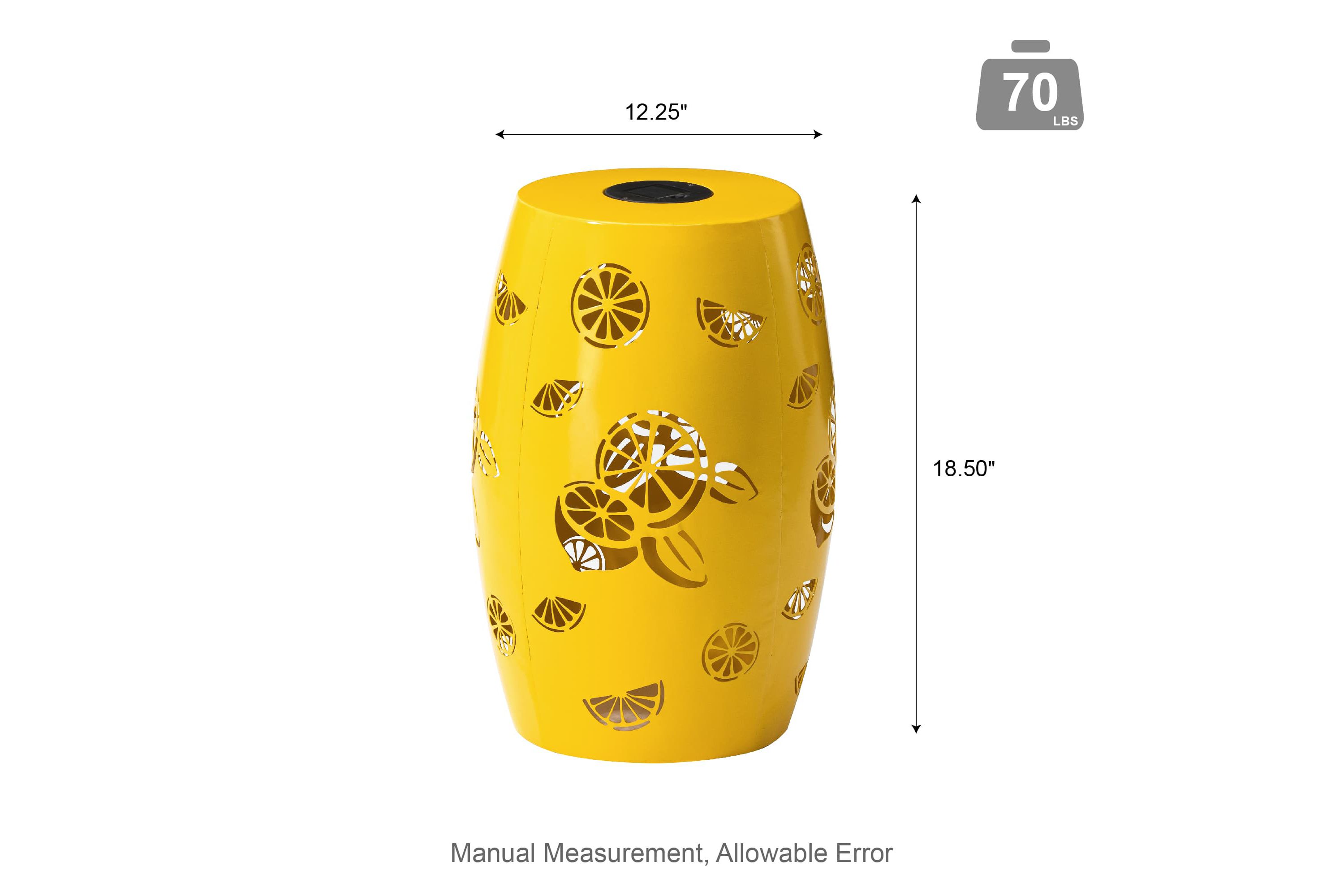 18.5" Multi-Functional Yellow Iron Cutout Lemon Pattern Drum Silhouette Solar Powdered Garden Stool or Planter Stand or Accent Table or LanternMetal Thickness: 0.7mm