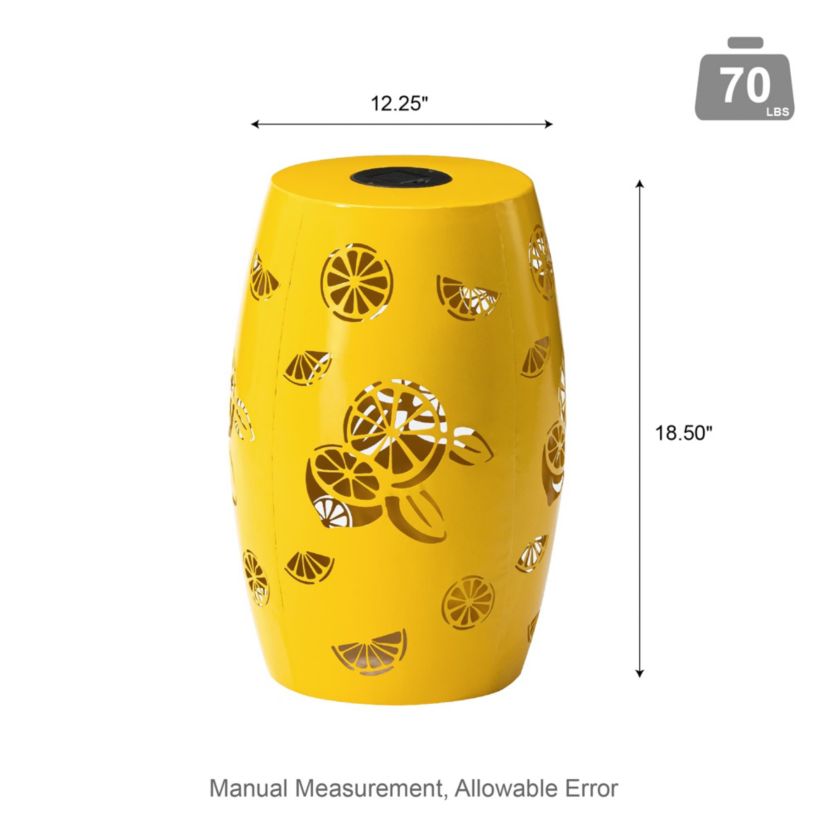 18.5" Multi-Functional Yellow Iron Cutout Lemon Pattern Drum Silhouette Solar Powdered Garden Stool or Planter Stand or Accent Table or LanternMetal Thickness: 0.7mm