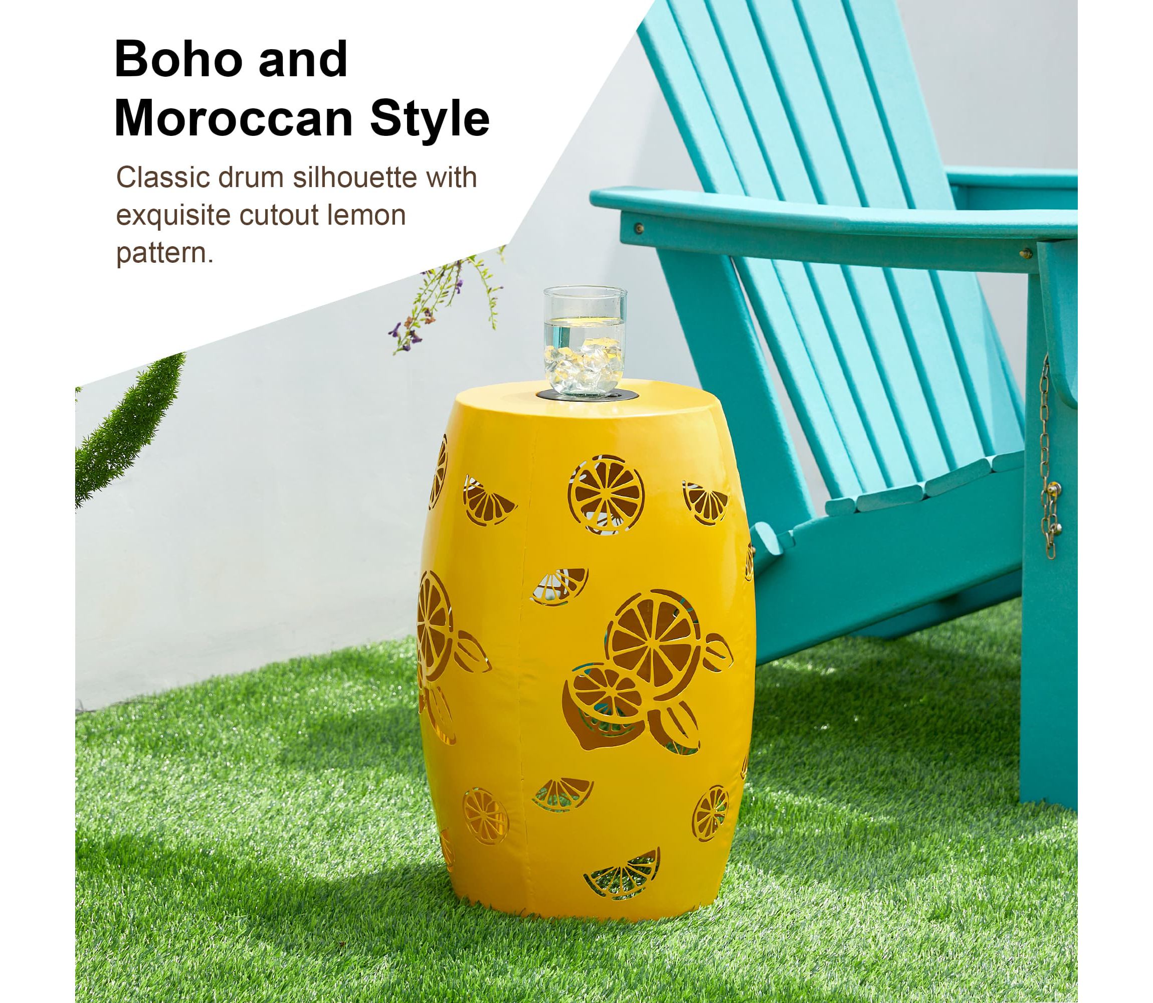 18.5" Multi-Functional Yellow Iron Cutout Lemon Pattern Drum Silhouette Solar Powdered Garden Stool or Planter Stand or Accent Table or LanternMetal Thickness: 0.7mm