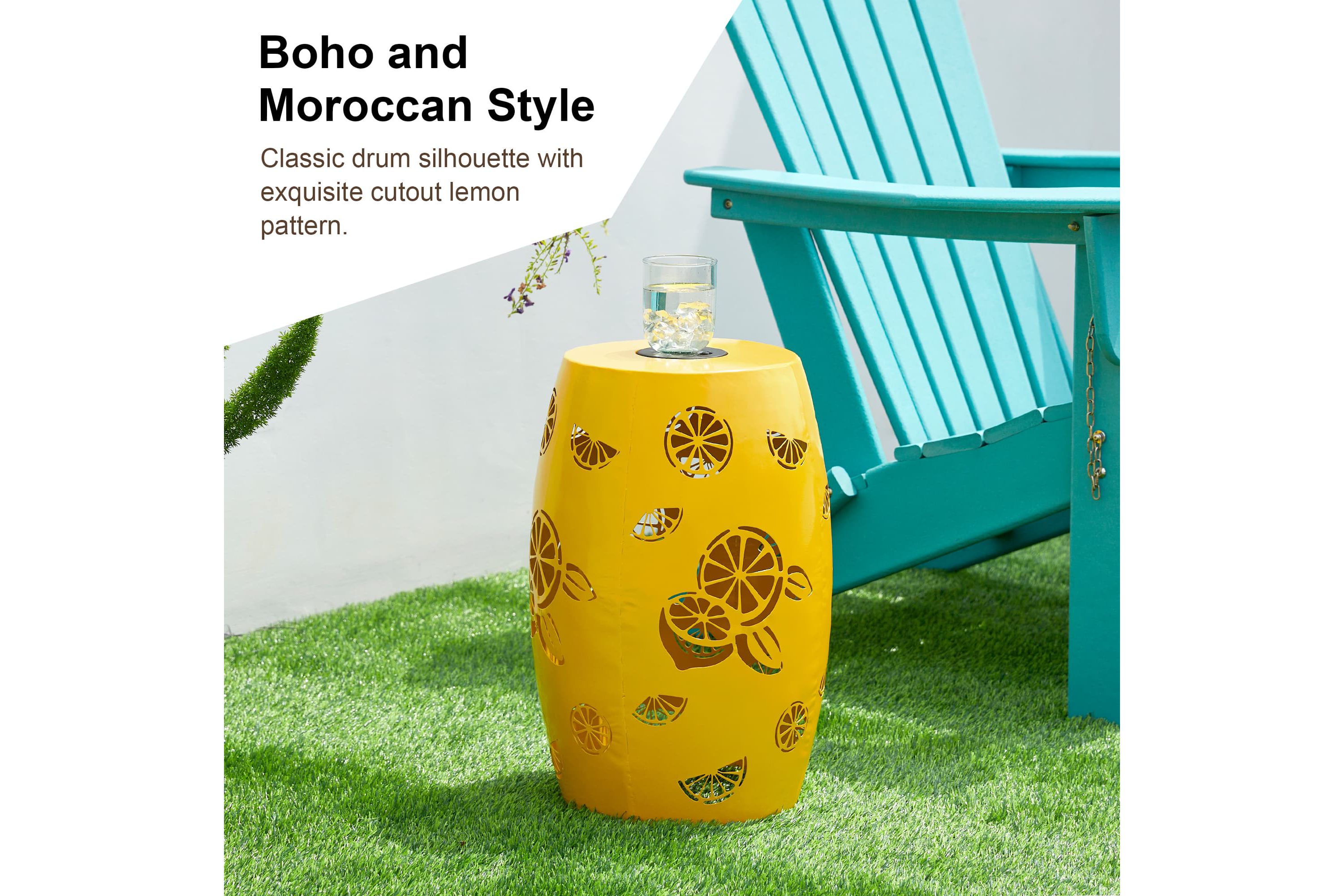 18.5" Multi-Functional Yellow Iron Cutout Lemon Pattern Drum Silhouette Solar Powdered Garden Stool or Planter Stand or Accent Table or LanternMetal Thickness: 0.7mm