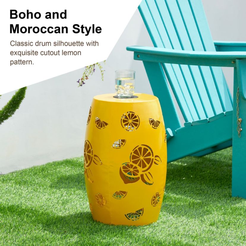 18.5" Multi-Functional Yellow Iron Cutout Lemon Pattern Drum Silhouette Solar Powdered Garden Stool or Planter Stand or Accent Table or LanternMetal Thickness: 0.7mm