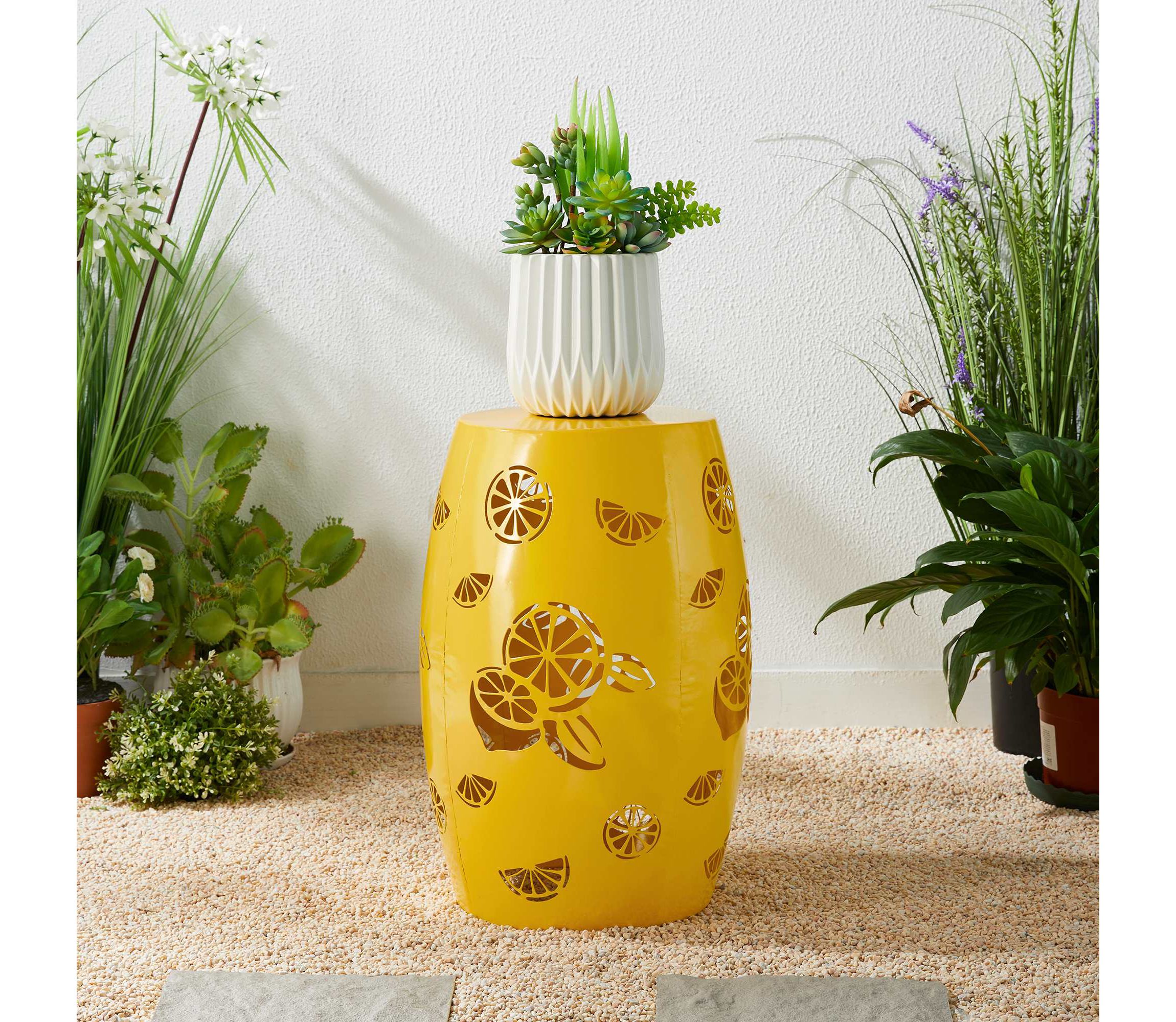 18.5" Multi-Functional Yellow Iron Cutout Lemon Pattern Drum Silhouette Solar Powdered Garden Stool or Planter Stand or Accent Table or LanternMetal Thickness: 0.7mm