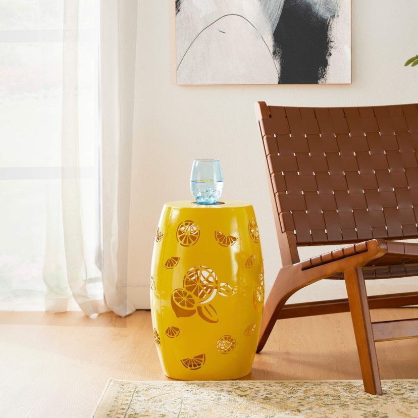 18.5" Multi-Functional Yellow Iron Cutout Lemon Pattern Drum Silhouette Solar Powdered Garden Stool or Planter Stand or Accent Table or LanternMetal Thickness: 0.7mm