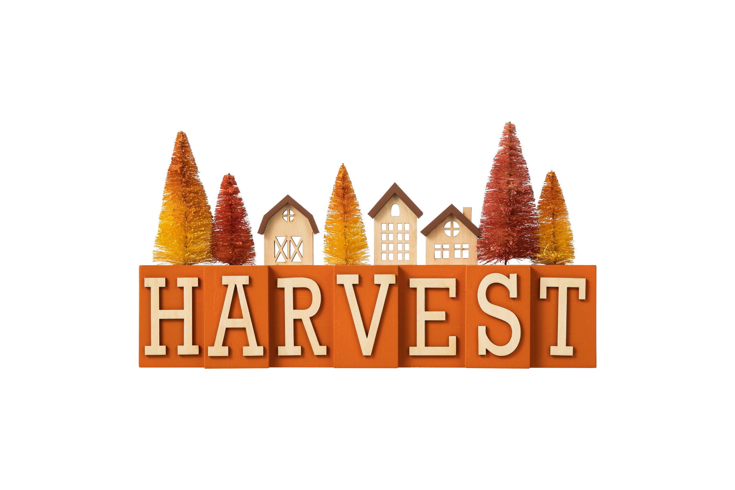 14"L Harvest Wooden House/Brush Trees Table Décor