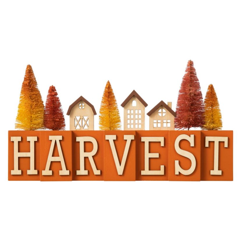 14"L Harvest Wooden House/Brush Trees Table Décor