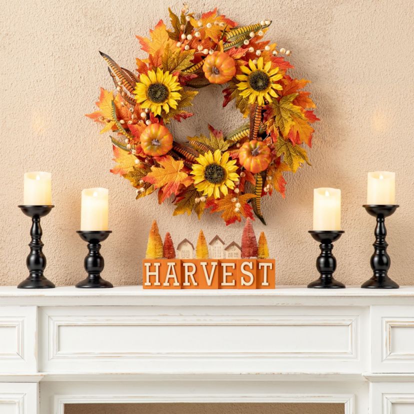 14"L Harvest Wooden House/Brush Trees Table Décor