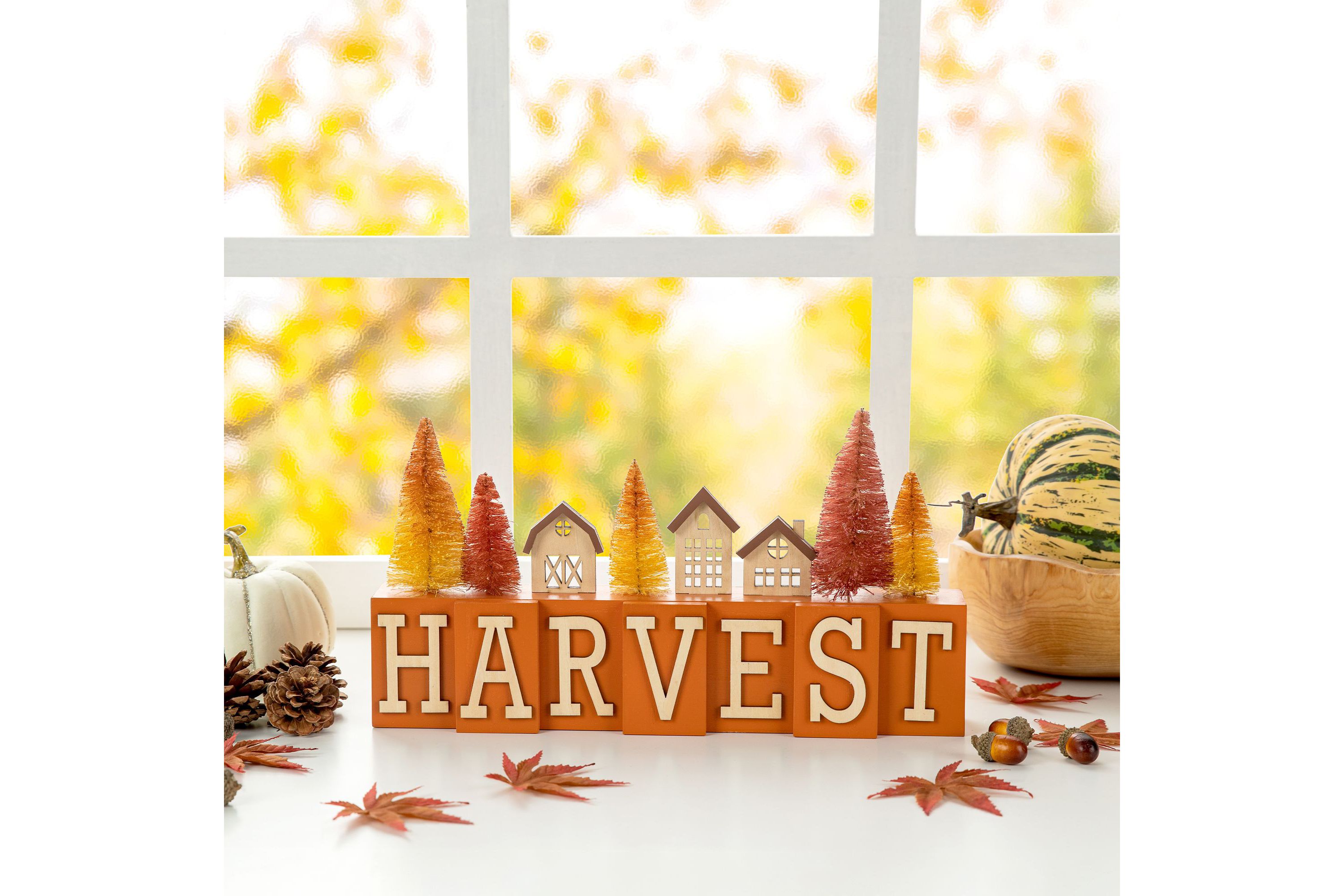 14"L Harvest Wooden House/Brush Trees Table Décor