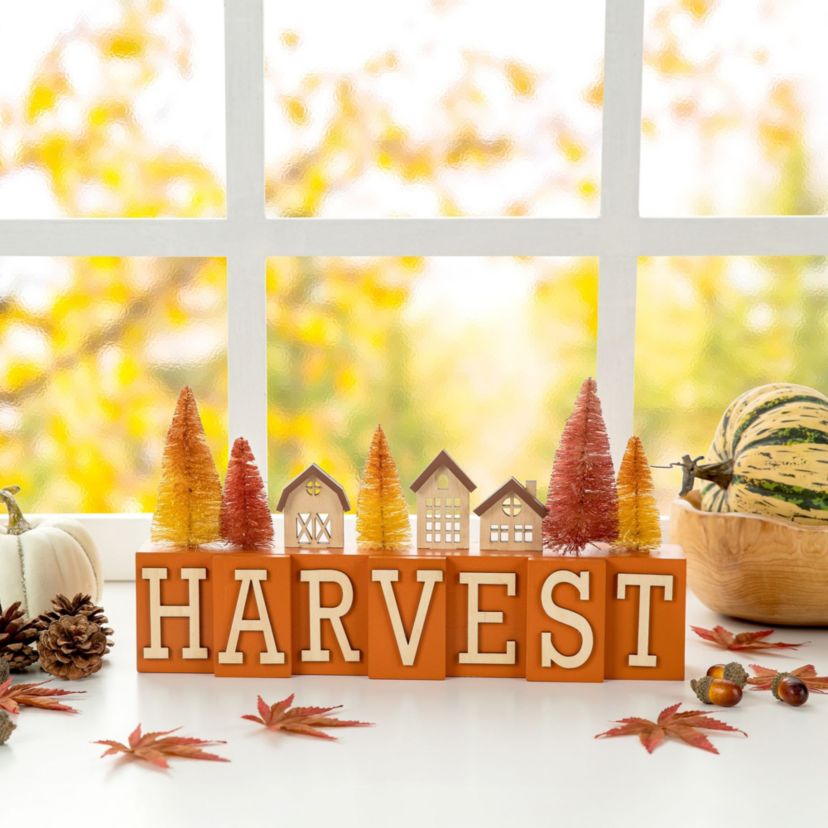 14"L Harvest Wooden House/Brush Trees Table Décor
