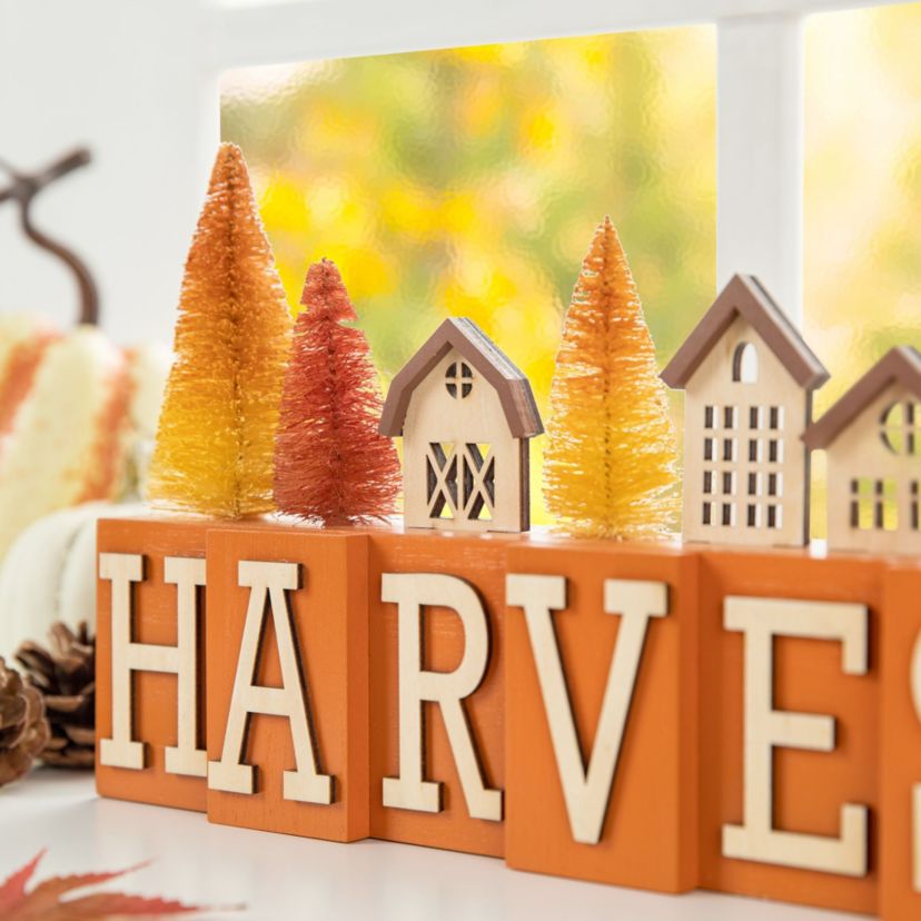 14"L Harvest Wooden House/Brush Trees Table Décor