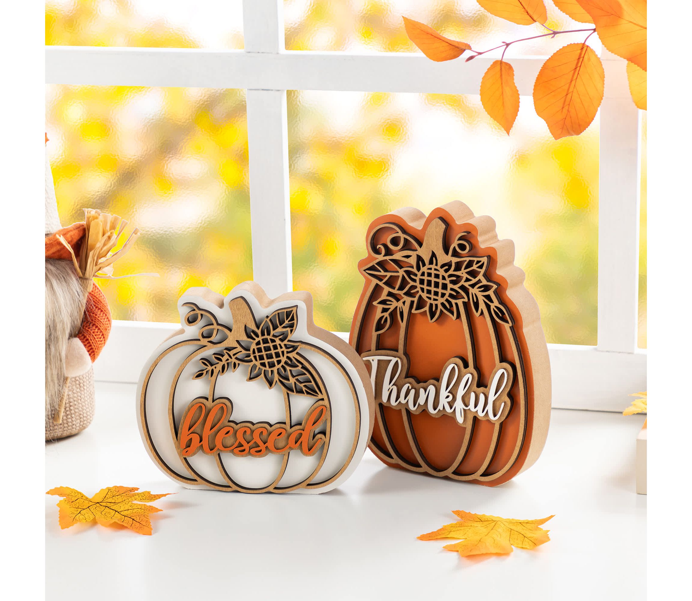 8"H S/2 Thanksgiving Wooden Pumpkin Table Decor