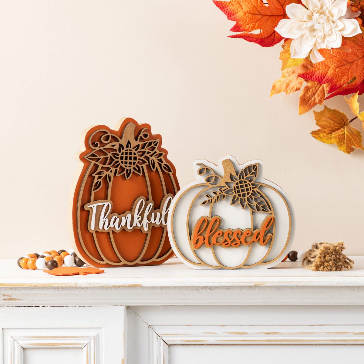 8"H S/2 Thanksgiving Wooden Pumpkin Table Decor