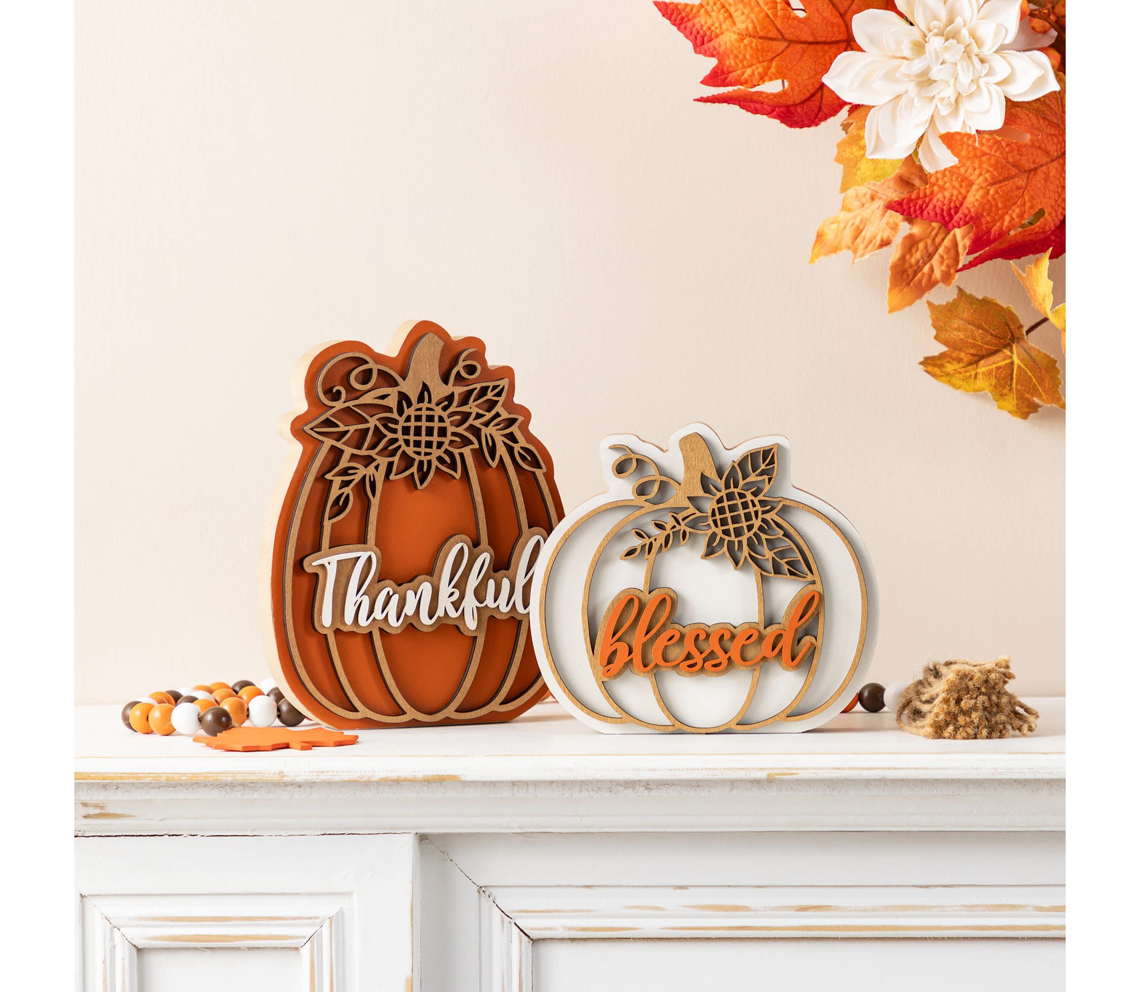 8"H S/2 Thanksgiving Wooden Pumpkin Table Decor